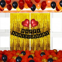Happy Anniversary Combo  with  free Happy anniversray Sash & 2 gloden foil curtains & 2 pcs Foil Red Heart  Balloons/with 50 pcs Metallic balloons/ Party theme