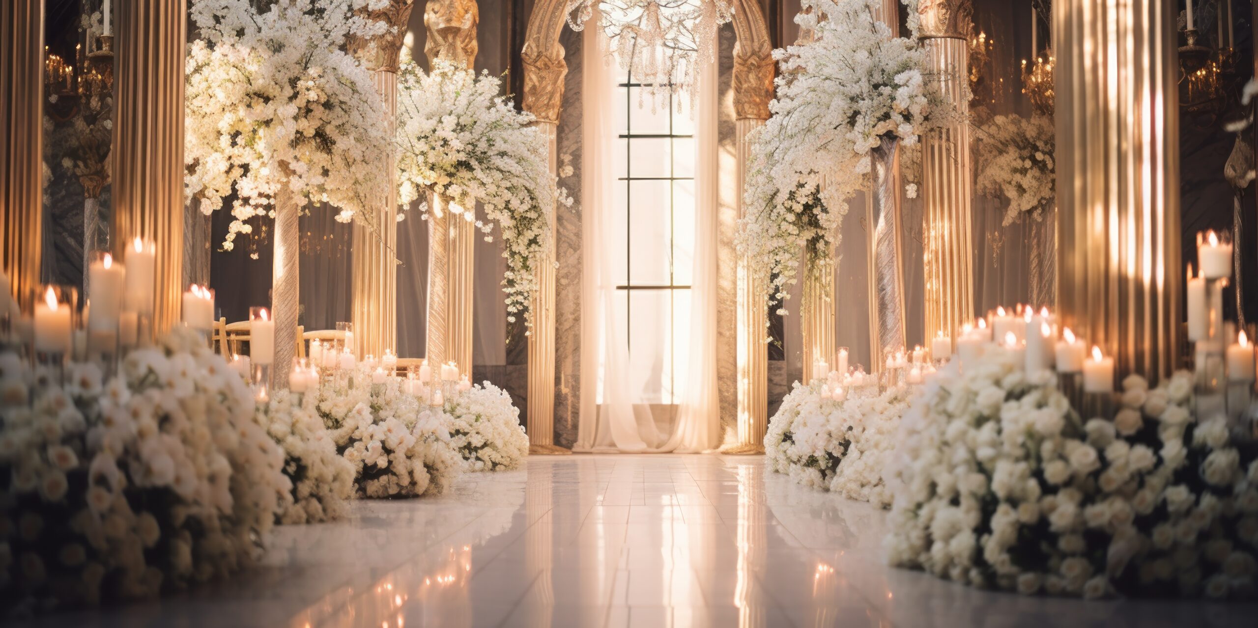 Wedding aisle shining with light among flowers.